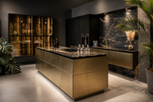 Showroomkeuken met bronzen kookeiland, zwarte natuursteen, atag toestellen