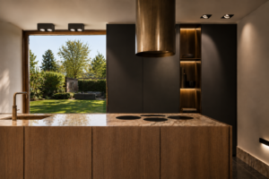 Maatwerkkeuken met houten kookeiland en natuursteen werkblad met designafzuigkap.