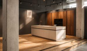 Moderne designkeuken met licht kookeiland, donkere wanden, walnoothouten kastenwand en sfeervolle verlichting.