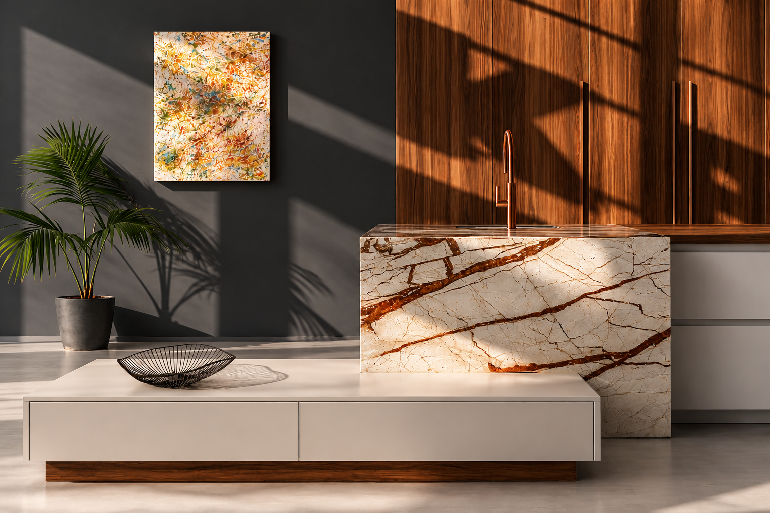 Moderne maatkeuken met exclusief keramiek werkblad in Golden River met notelaarhouten kast en koperkleurige kraan.